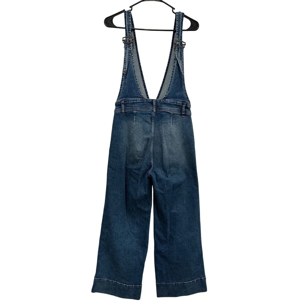 Free People Deep V Wide Leg Denim Overalls Medium‎ Wash Blue Size 2 OB1140994